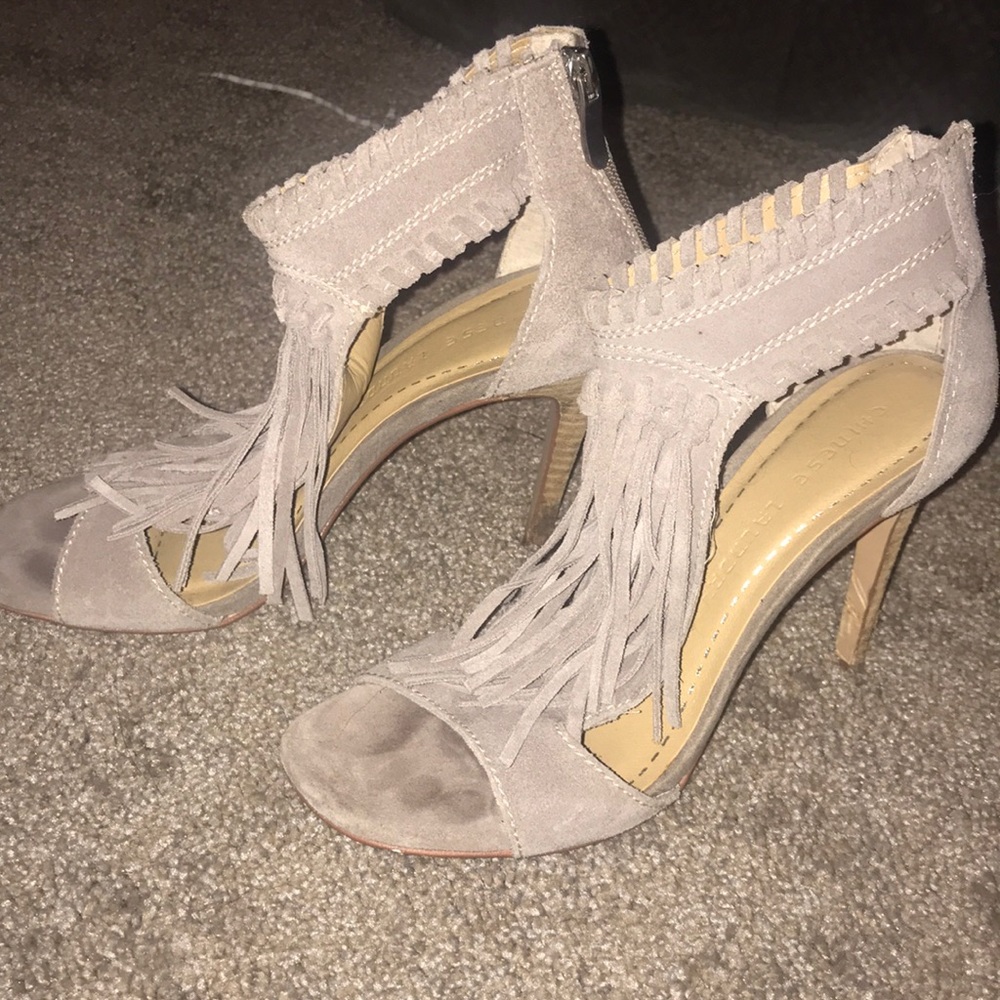 Chinese Laundry taupe fringe heel